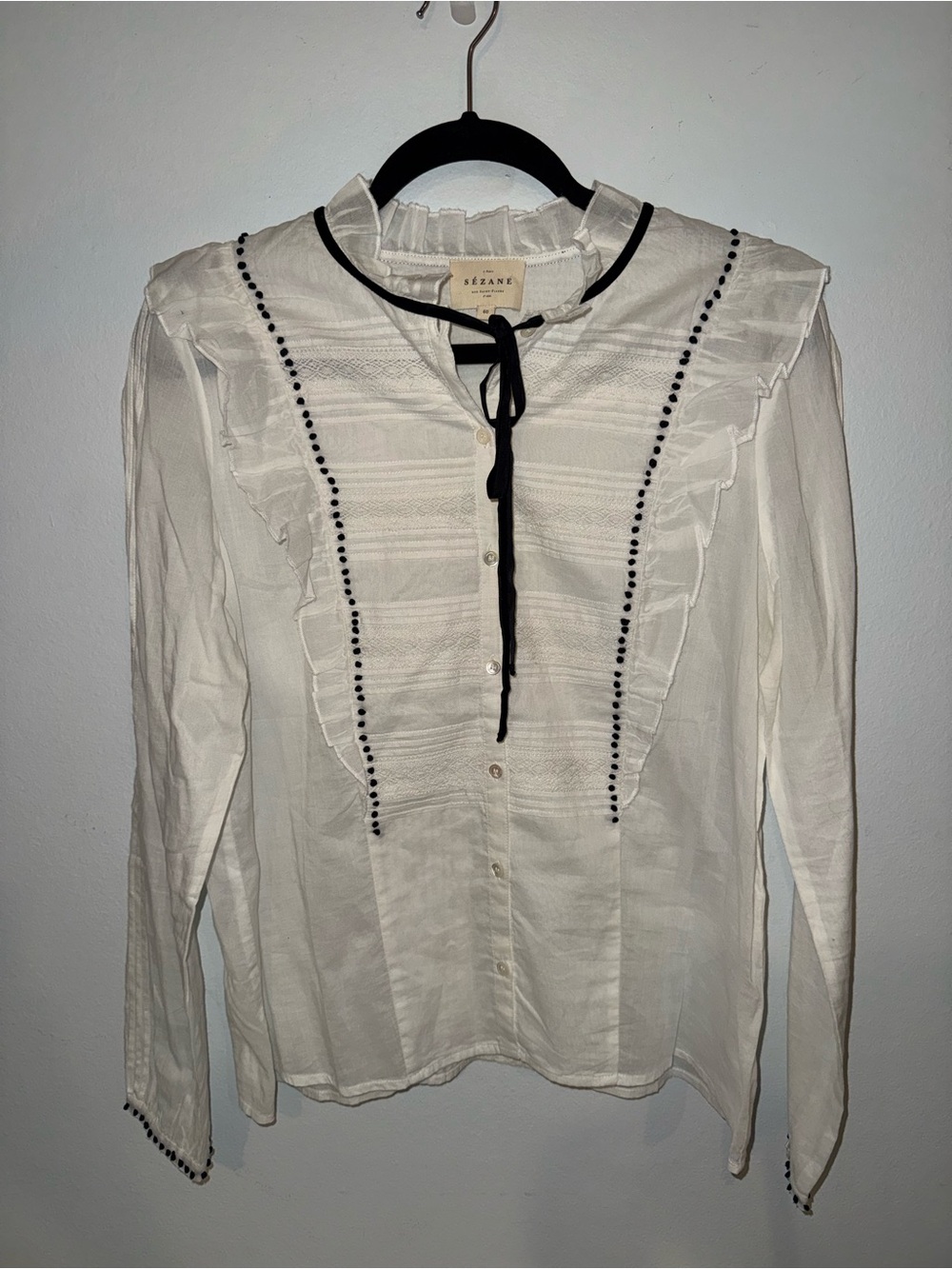 SEZANE "Valentine" Ruffle Blouse black and ivory size 8 medium - Picture 5 of 13